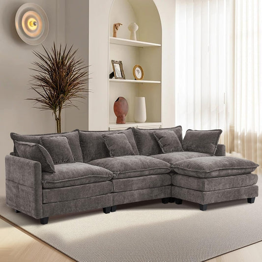 Furniliving 112‘’ L-Shaped Sofa, Luxury Chenille Modular Sectional Couches with Ottoman, Upholstered Deep Seat Sleeper Sofa with Memory Foam and Waist Pillows, Grey