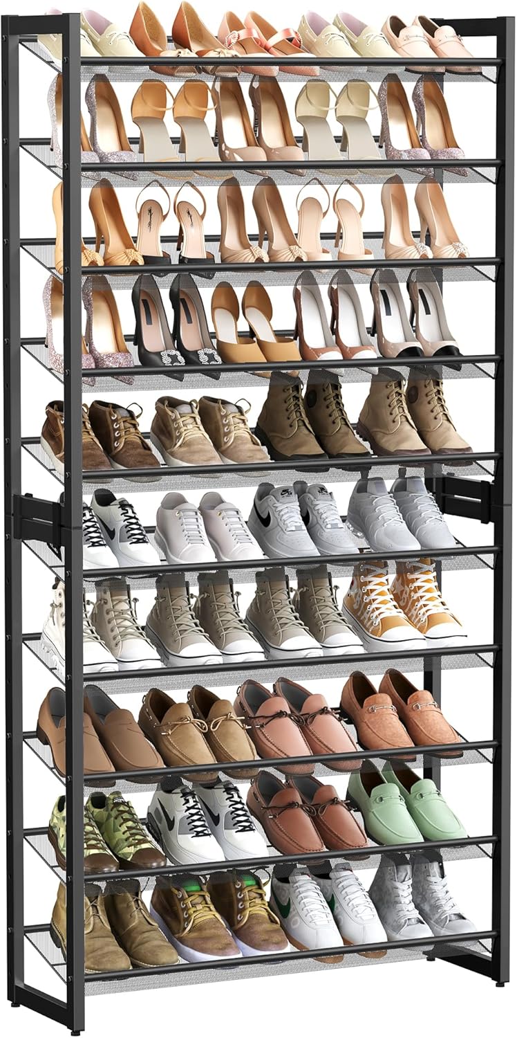 SONGMICS Shoe Rack, 10-Tier Shoe Organizer, Metal Rack for Garage, Set of 2, 5-Tier Stackable Shelf, with Adjustable Flat or Angled Shelves, 40-50 Pairs, Ink Black ULMR010B01