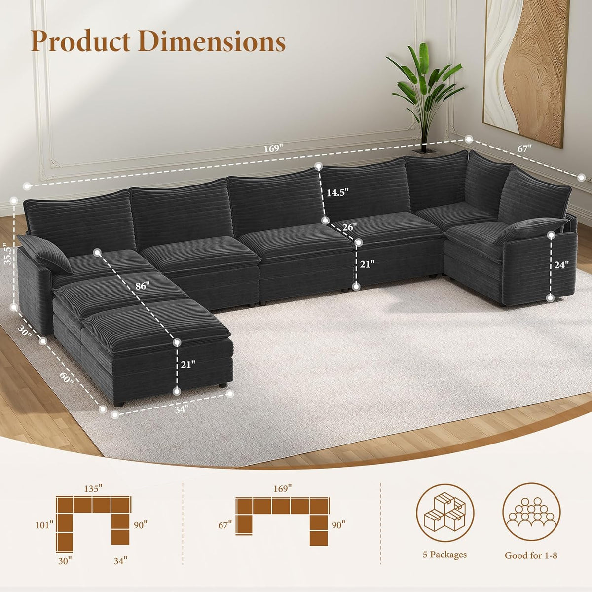 Vesgantti Large Modular Sectional Sofa, Big Comfy Cloud Couch with Ottoman Deep Seat Corduroy Cloud Sofa, 8 Seater Large Sectional Couches for Living Room, Bedroom and Apartment, Gray