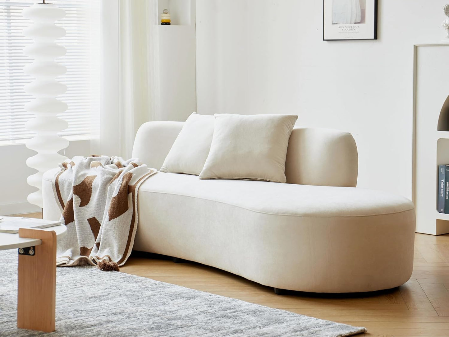 Container Furniture Direct 90" Curved Sofa with Throw Pillows, 4 Seater Luxury Velvet Couch with Half Moon Design and High-Density Foam, Ideal for Modern Living Room, Office & Apartment, Ivory White