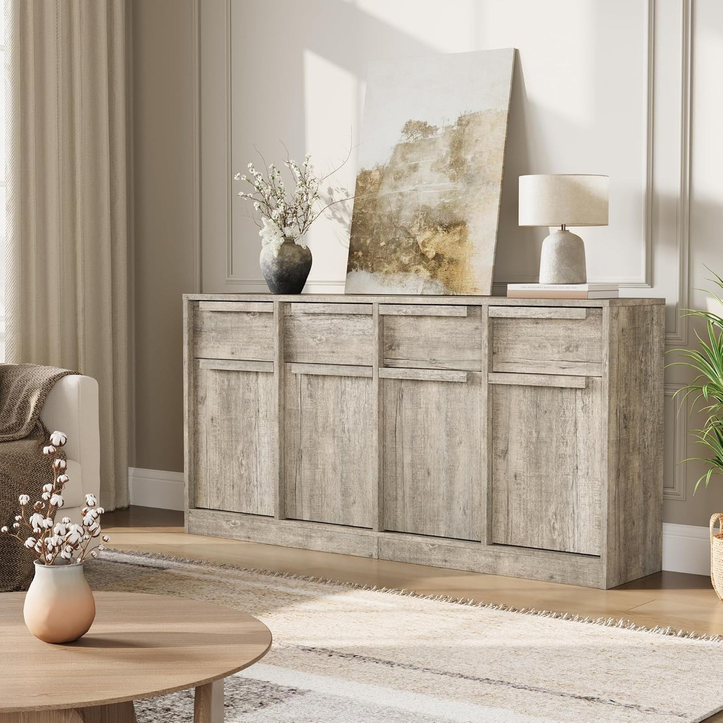 GarveeHome Sideboard Buffet Cabinet with 4 Drawers, 62.4" Large Coffee Cabinet with Storage, Modern Storage Buffet Table for Kitchen Dining Room, Living Room (Grey, 4 Doors & 4 Drawers)