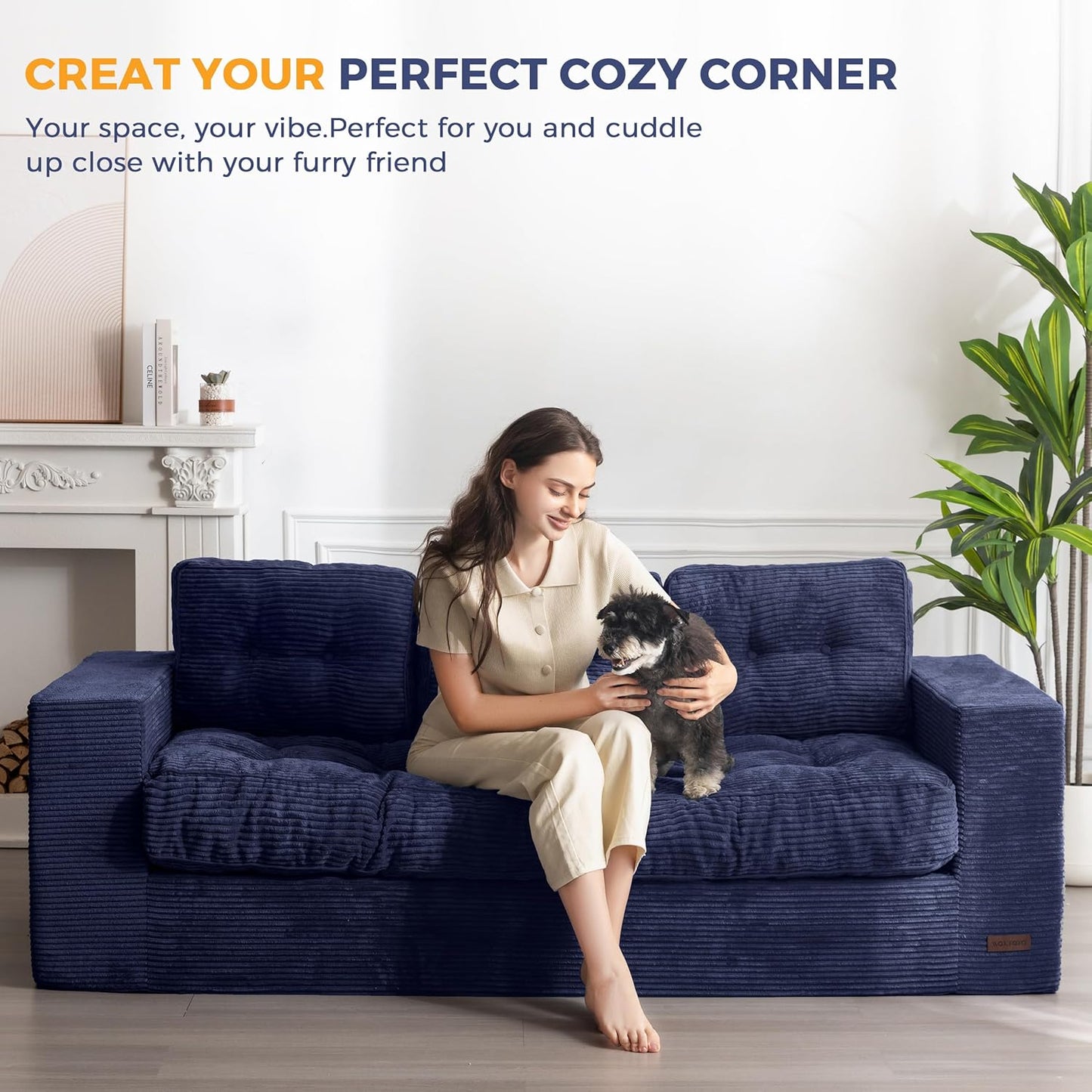 MAXYOYO 3 Seater Couch for Living Room, Boneless Couch with Tufted Cushion & Backrest, Upholstered Floor Sofa with Armrests, Sofa in A Box, No Assembly Required, Navy