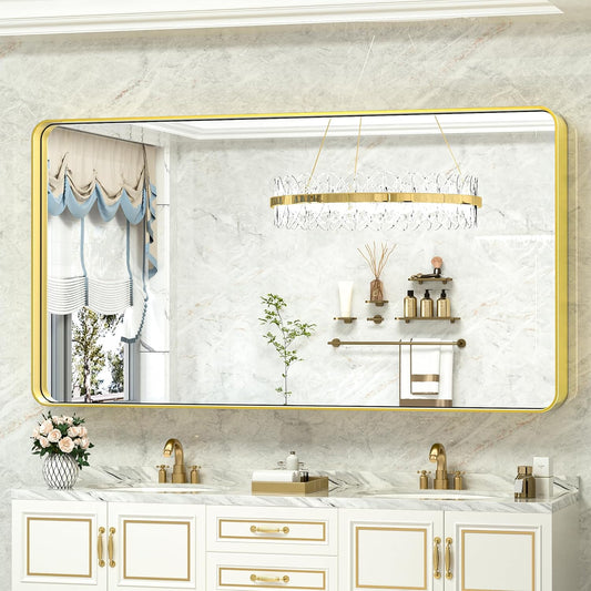 TokeShimi 60 x 28 Inch Brushed Gold Bathroom Vanity Mirror for Wall with Non-Rusting Aluminum Alloy Matte Metal Frame for Modern Farmhouse Home Decor (Horizontal/Vertical)