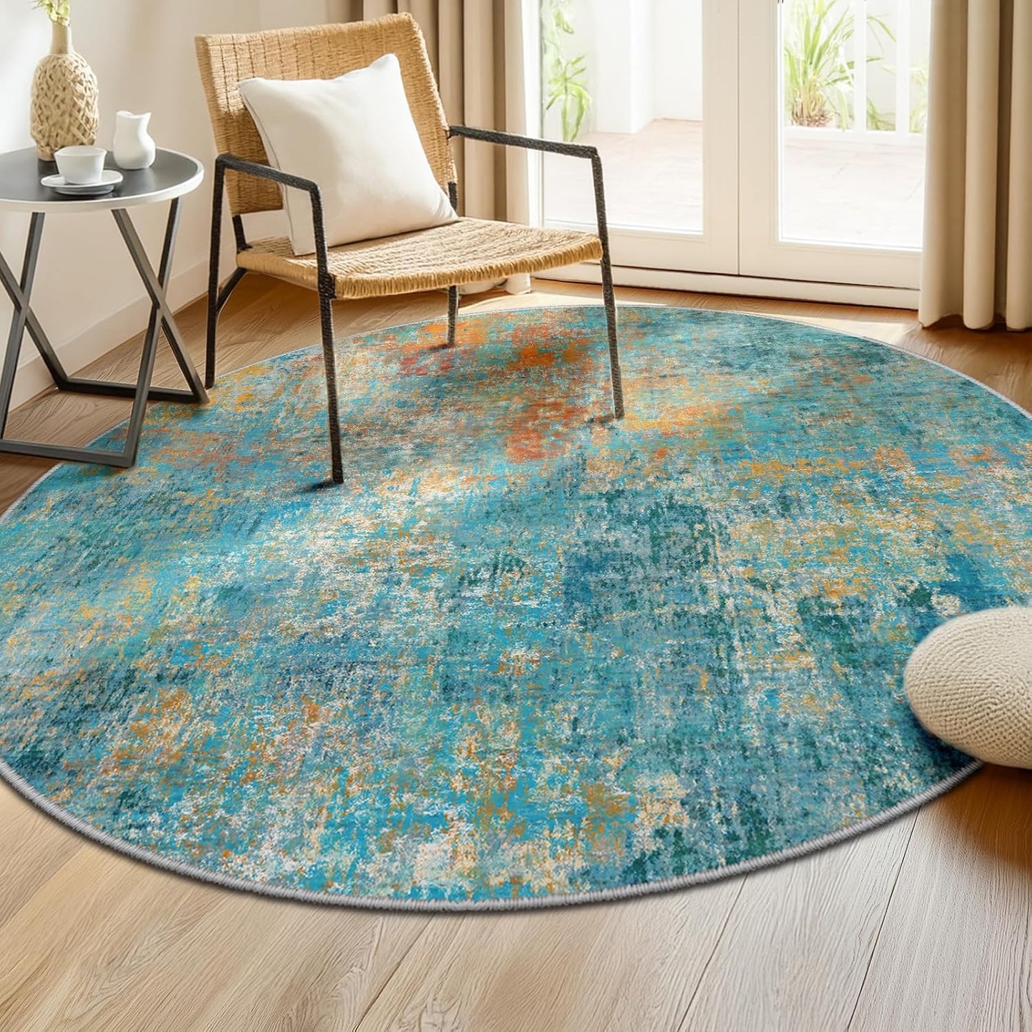Washable Area Rugs 8ft Non-Slip Modern Abstract Soft for Living Room Entryway Bedroom Nursery, Print Pattern, Teal Blue Green Orange Rust Red Colorful
