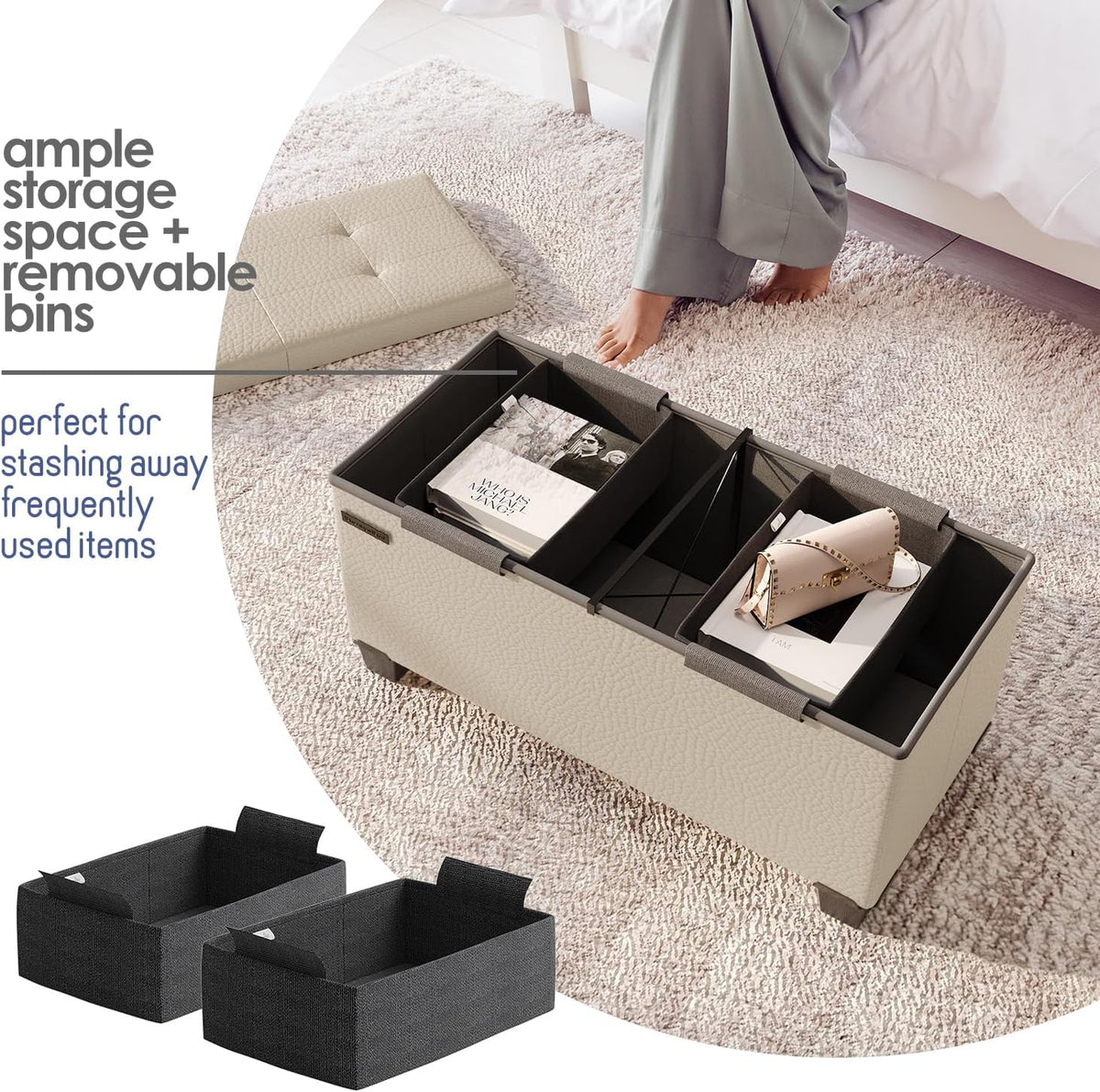 STORAGEBUD Storage Ottoman Bench with Bins, 30-in Storage Bench for Bedroom End of Bed, Folding Foot Rest Ottoman for Living Room Max 660lbs, Faux Leather Ottomans, Beige