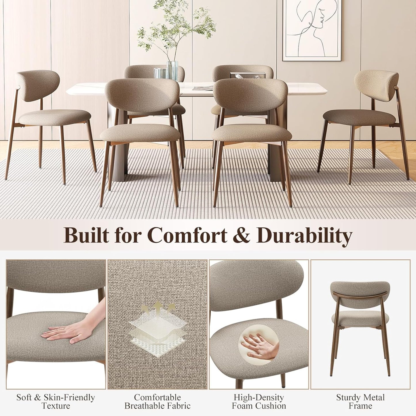Dining Chairs Set of 2, Ergonomic Fabric Upholstered Seating with Wood Look Metal Legs and Anti Slip Pads, for Home and Restaurant Use, Camel