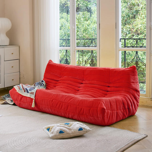 N&V Fireside Three Seater, Mid Century Armless Twin Size Floor Sofa, Soft Premium Corduroy Floor Lounge Chair, Foam Sofa Accent Chair for Living Room, Bedroom (Red)