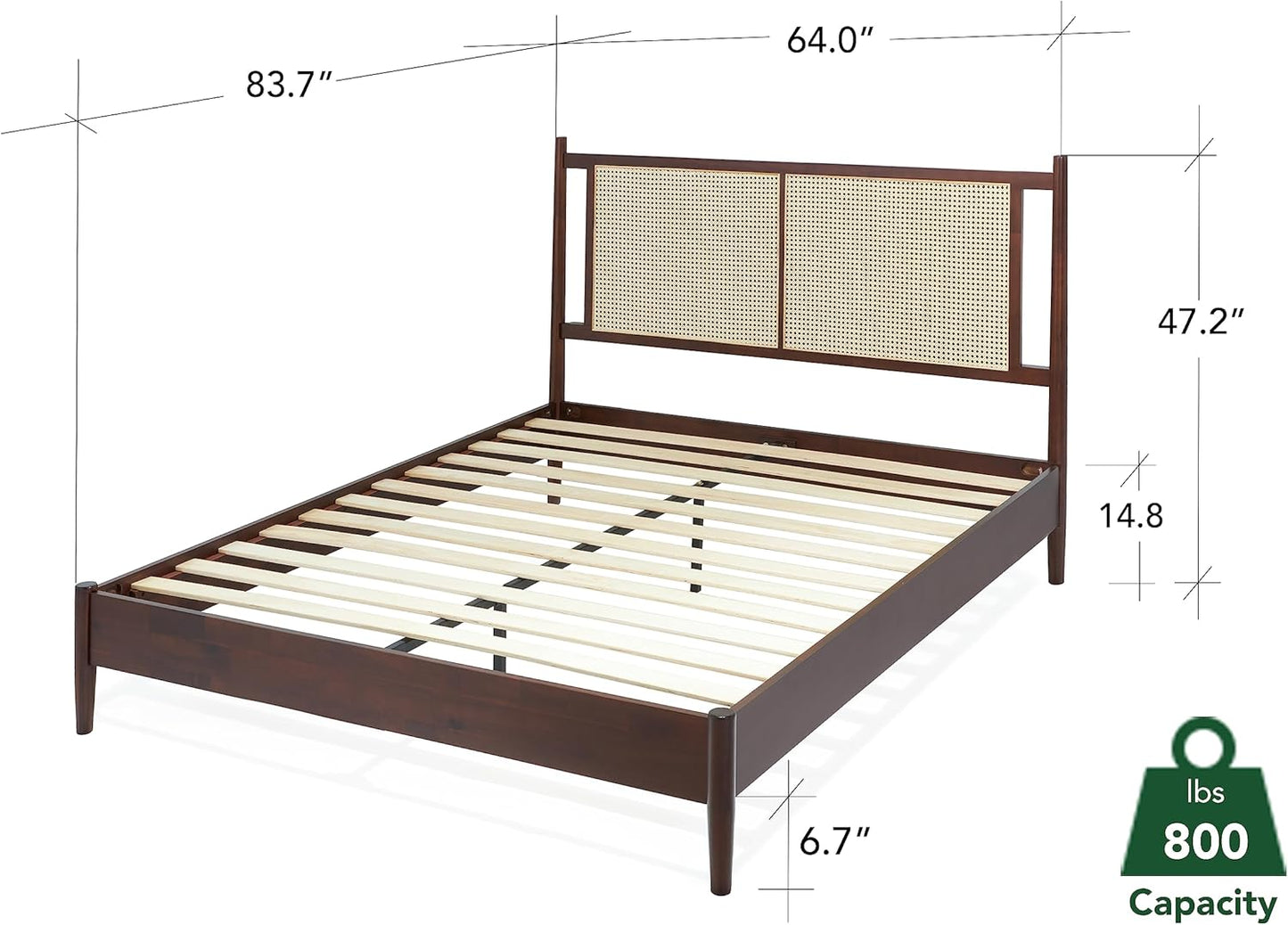 Bme Oliver Headboard Queen Size Bed Frame - 15-Inch Signature Design with Rattan Headboard, Bohemian and Mid Century Style, 12-Slat Wood Support, No Box Spring Needed - Easy Assembly, Walnut