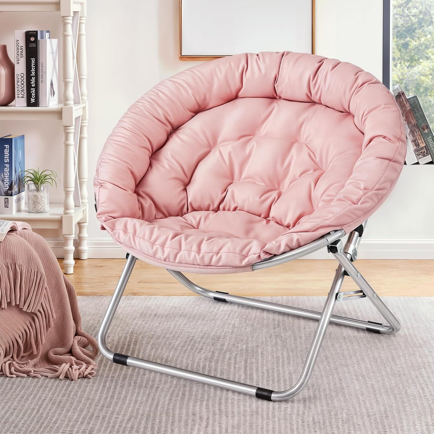 MoNiBloom Round Folding Saucer Chair for Bedroom Living Room Dorm Foldable Metal Frame Comfy Soft Lounge Lazy Cozy Moon Chair for Teens (Pink)