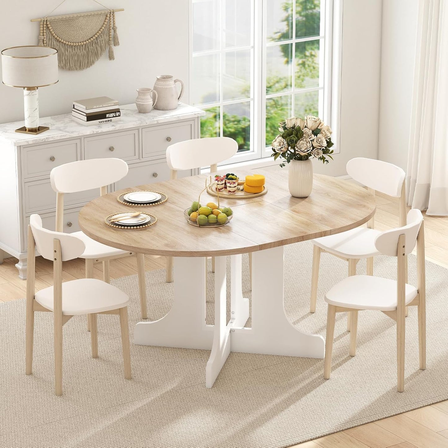 43"-59" Expandable Round Dining Table, Extendable Dining Room Table for 4-6, Oval Tabletop with Removable Leaf, Trestle X-Shaped Base & Metal Track for Dining Room, Living Room-Oak