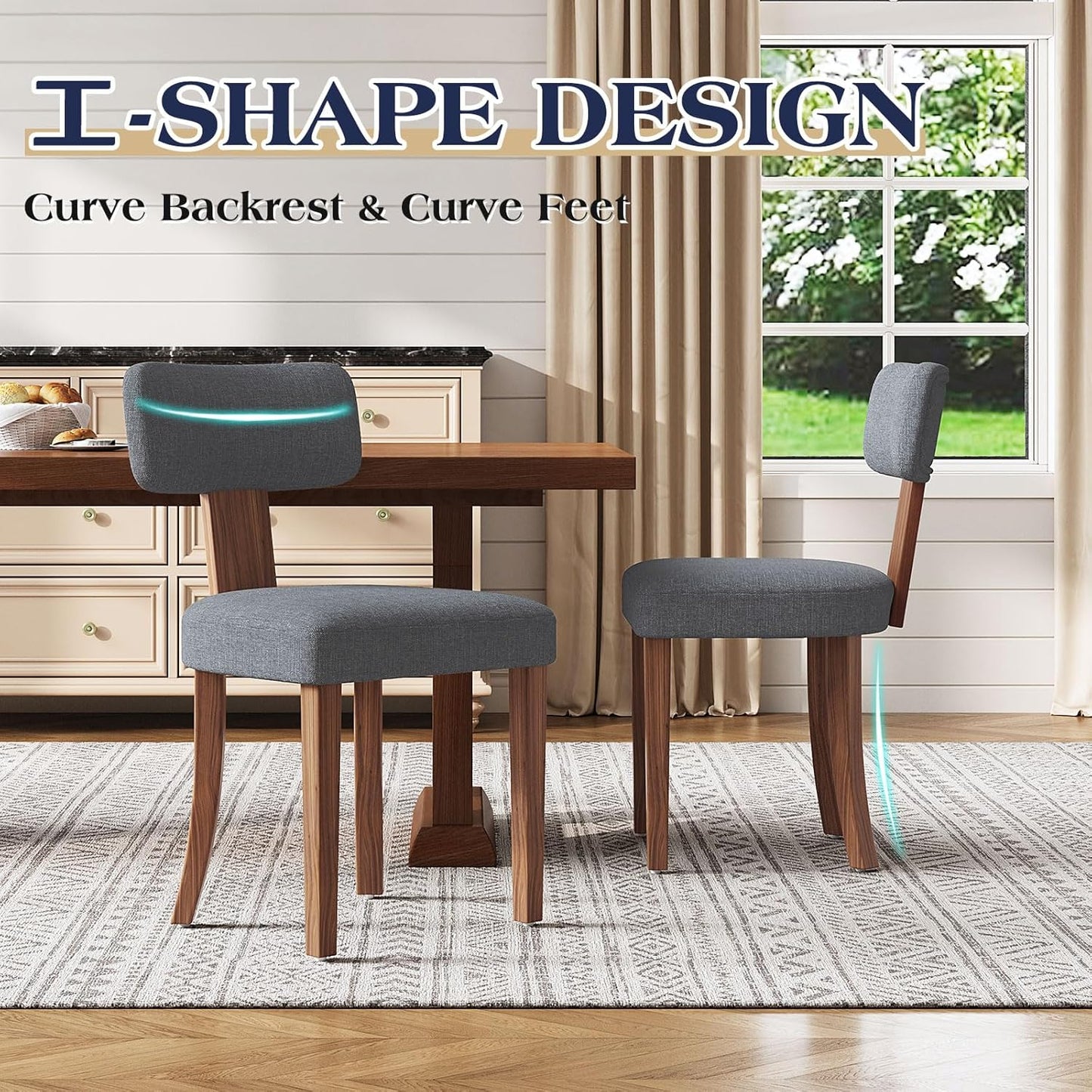 Mid Century Modern Dining Chairs Set of 4, Linen Upholstered Kitchen Chairs with Curved Backrest & Adjustable Legs for Living Room/Lounge, Easy to Install, Grey Linen