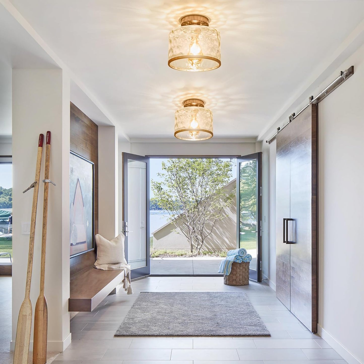 Modern Semi Flush Mount Ceiling Light with Industrial Clear Hammered Glass Lampshade, Farmhouse Ceiling Lights fixtures in Satin Nickel for Hallway Kitchen Bathroom Bedroom