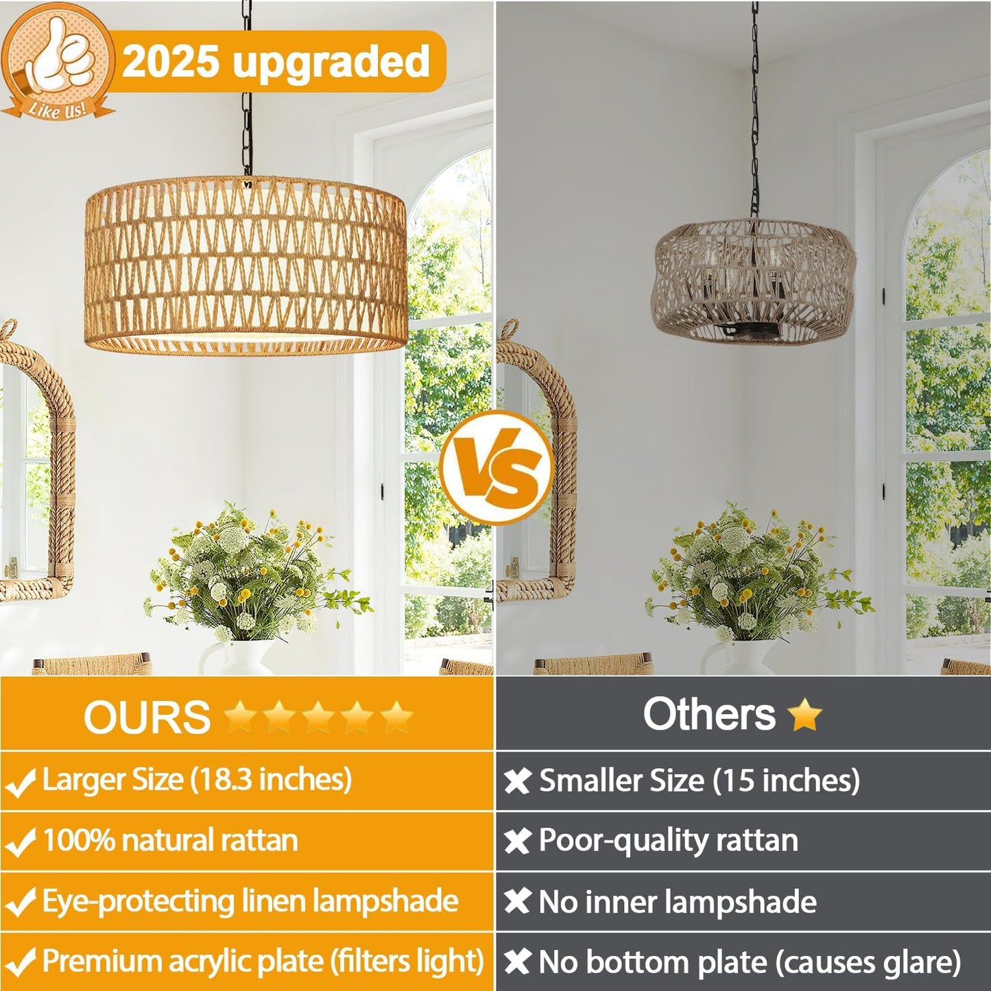 Farmhouse Chandeliers for Dining Room, Hand Woven 5-Light Rattan Pendant Light, Boho Rattan Chandelier with Linen Shade, Rustic Hanging Lighting for Bedroom and Kitchen Island (Bulb Not Included)