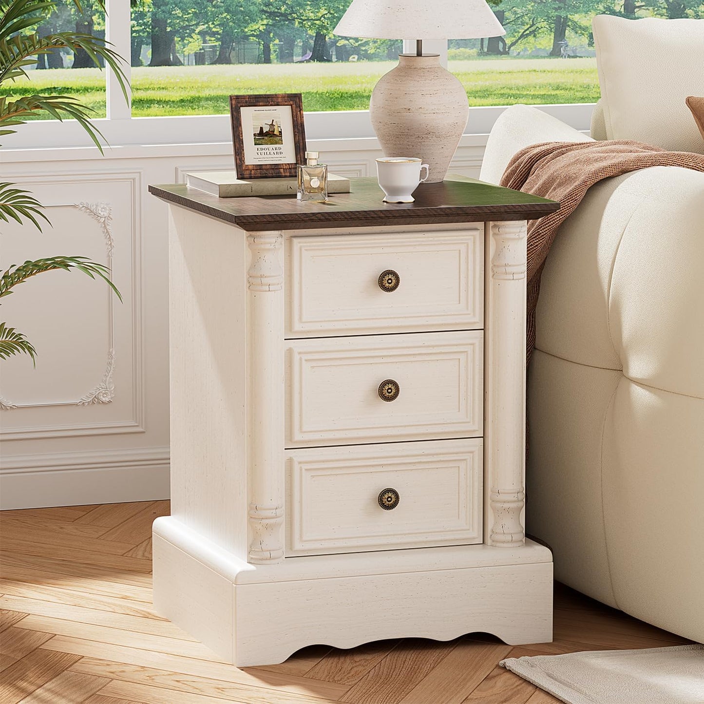 Nightstand with 3 Drawers, Rustic Night Stand 18' Wide Side Table with Storage, Mid-Century Modern Couch End Table with Vintage Handles, Small Dresser for Bedroom, Living Room, Antique White