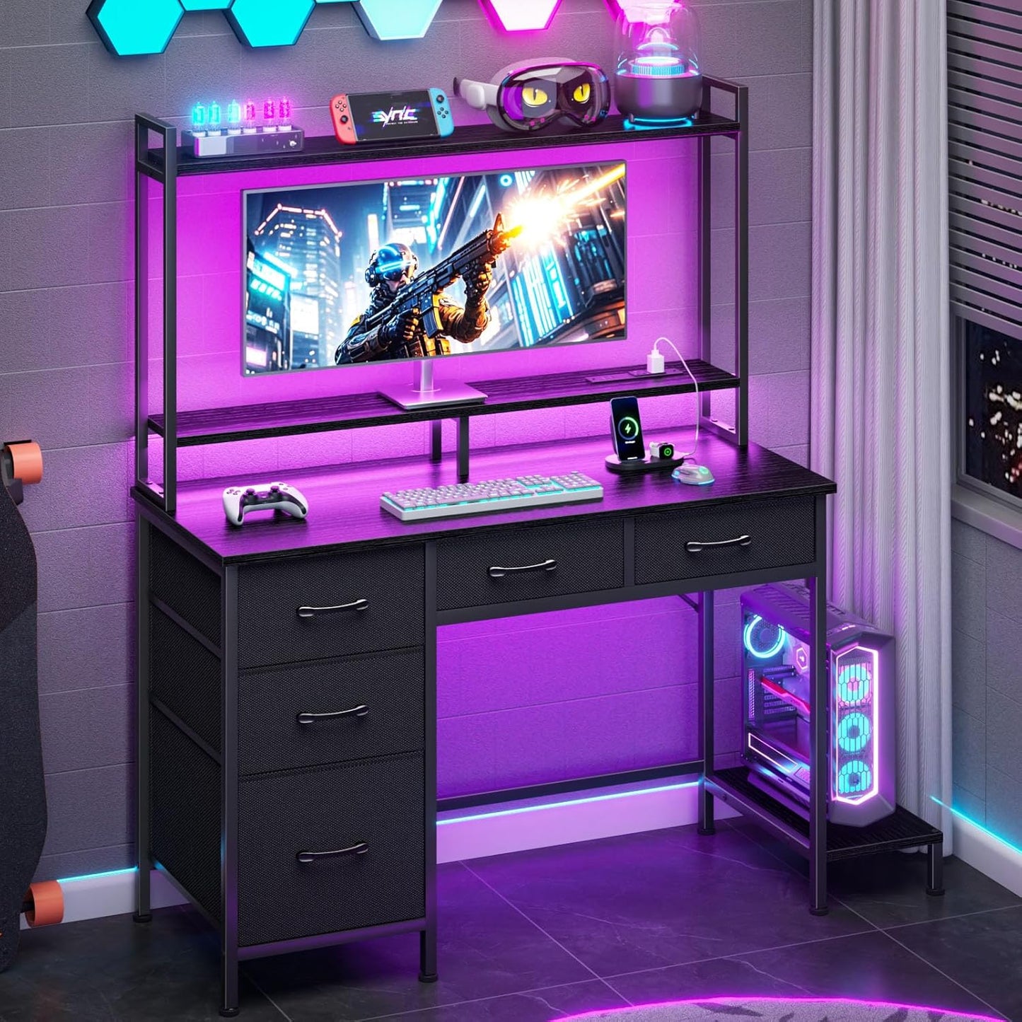Computer Gaming Desk with Hutch, Home Office Desk with Power Outlets, LED Light, 5 Storage Drawers, 2 Tiers Shelves for Display, 39 Inch Modern Study Writing Table for Bedroom, Black