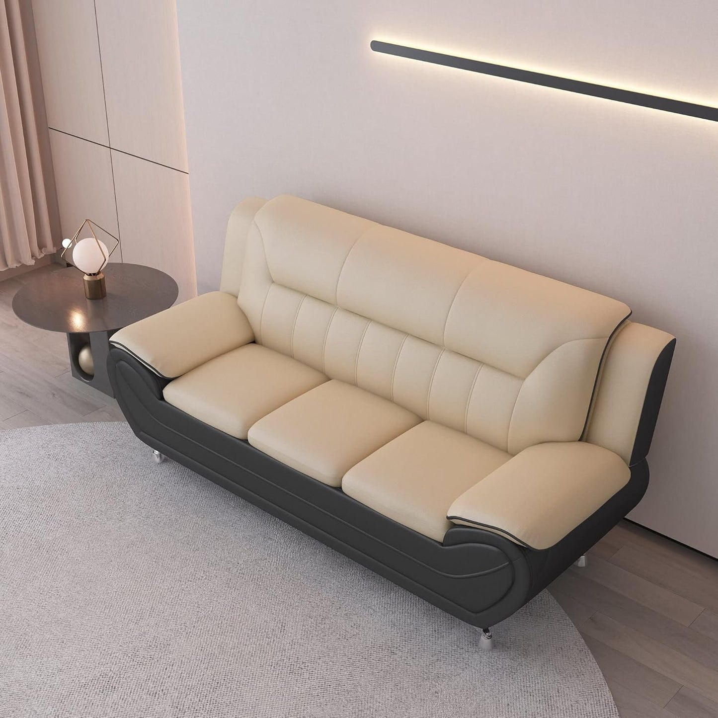 Container Furniture Direct Michael Modern Faux Leather Upholstered Stainless Steel Legs Living Room Sofa, Black Camel