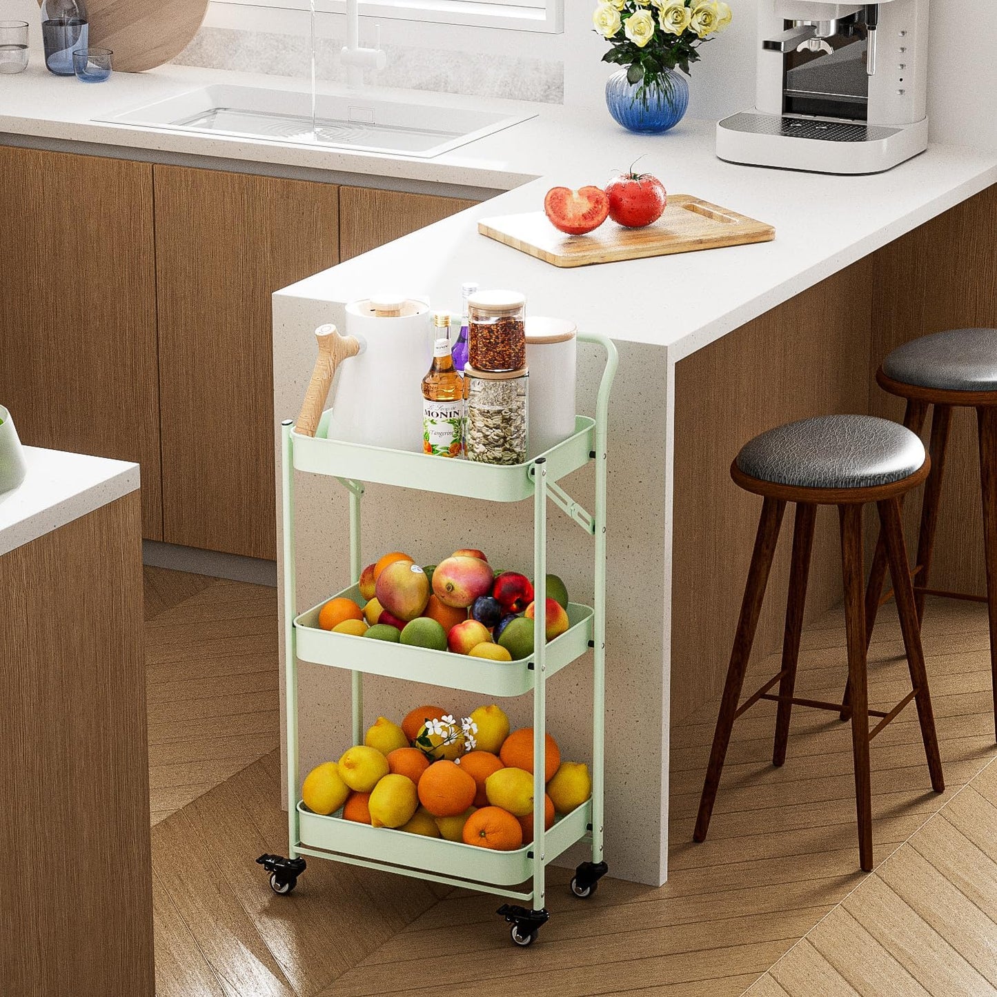 JAQ Foldable Rolling Cart, 3-Tier Metal Folding Storage Utility Carts Basket Rack Organizer with Handle on Wheels for Snacks Books Fruits for Kitchen Living Room Pantry Bathroom - (Green, 3-Layer)