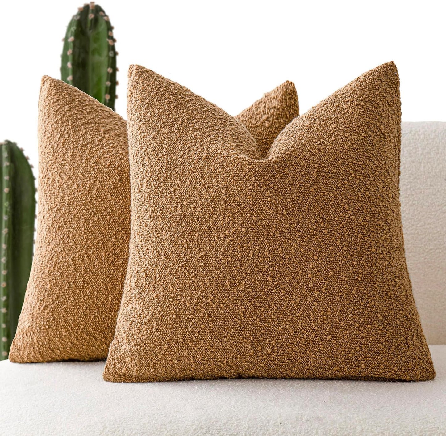 Foindtower Pack of 2, Decorative Textured Boucle Throw Pillow Covers Accent Solid Pillow Cases Cozy Soft Couch Cushion Case for Chair Sofa Bedroom Living Room Home Decor 22 x 22 Inch Rust Tobacco
