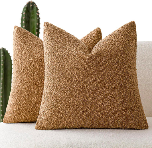 Foindtower Pack of 2, Decorative Textured Boucle Throw Pillow Covers Accent Solid Pillow Cases Cozy Soft Couch Cushion Case for Chair Sofa Bedroom Living Room Home Decor 22 x 22 Inch Rust Tobacco