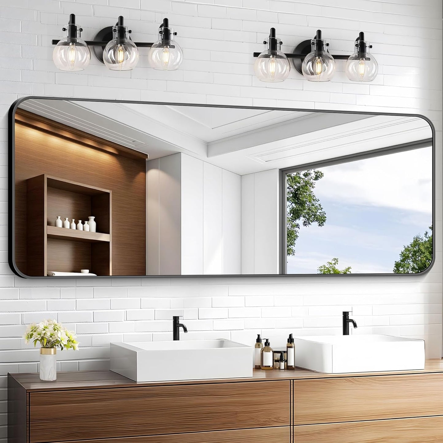 KOCUUY Black Bathroom Mirror 60"x24", Large Vanity Mirror with Rounded Corner, Metal Black Frame with Mordern Design for Bathroom, Living Room, Entryway, Hang Horizontal/Vertical