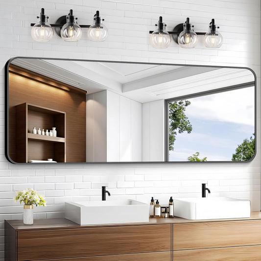 KOCUUY Black Bathroom Mirror 60"x24", Large Vanity Mirror with Rounded Corner, Metal Black Frame with Mordern Design for Bathroom, Living Room, Entryway, Hang Horizontal/Vertical
