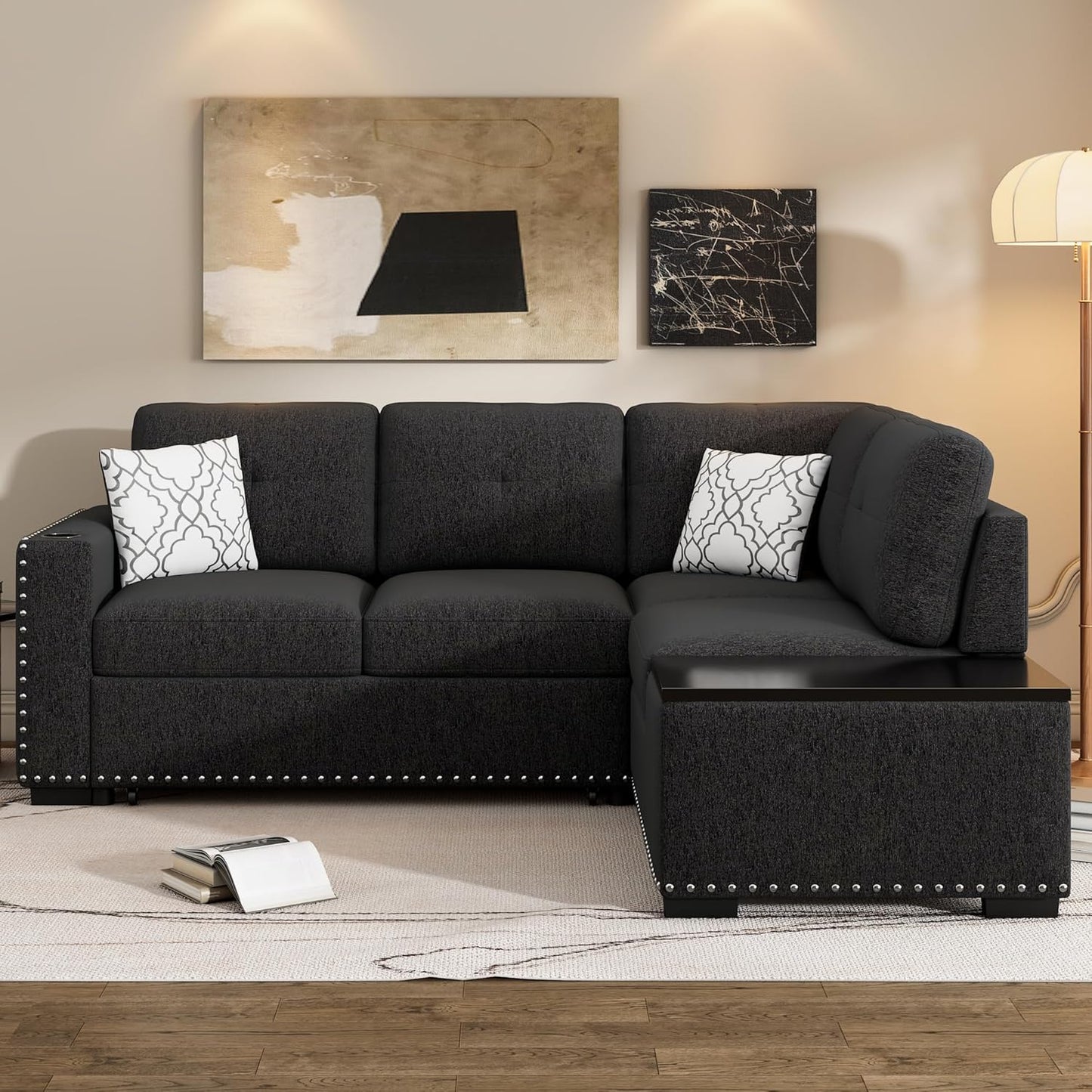 Merax Modern 83.8" Sectional Couch Bed with Storage Chaise/USB Ports/Cup Holder, L-Shape Pull Out Sleeper Sofa for Living Room, Black