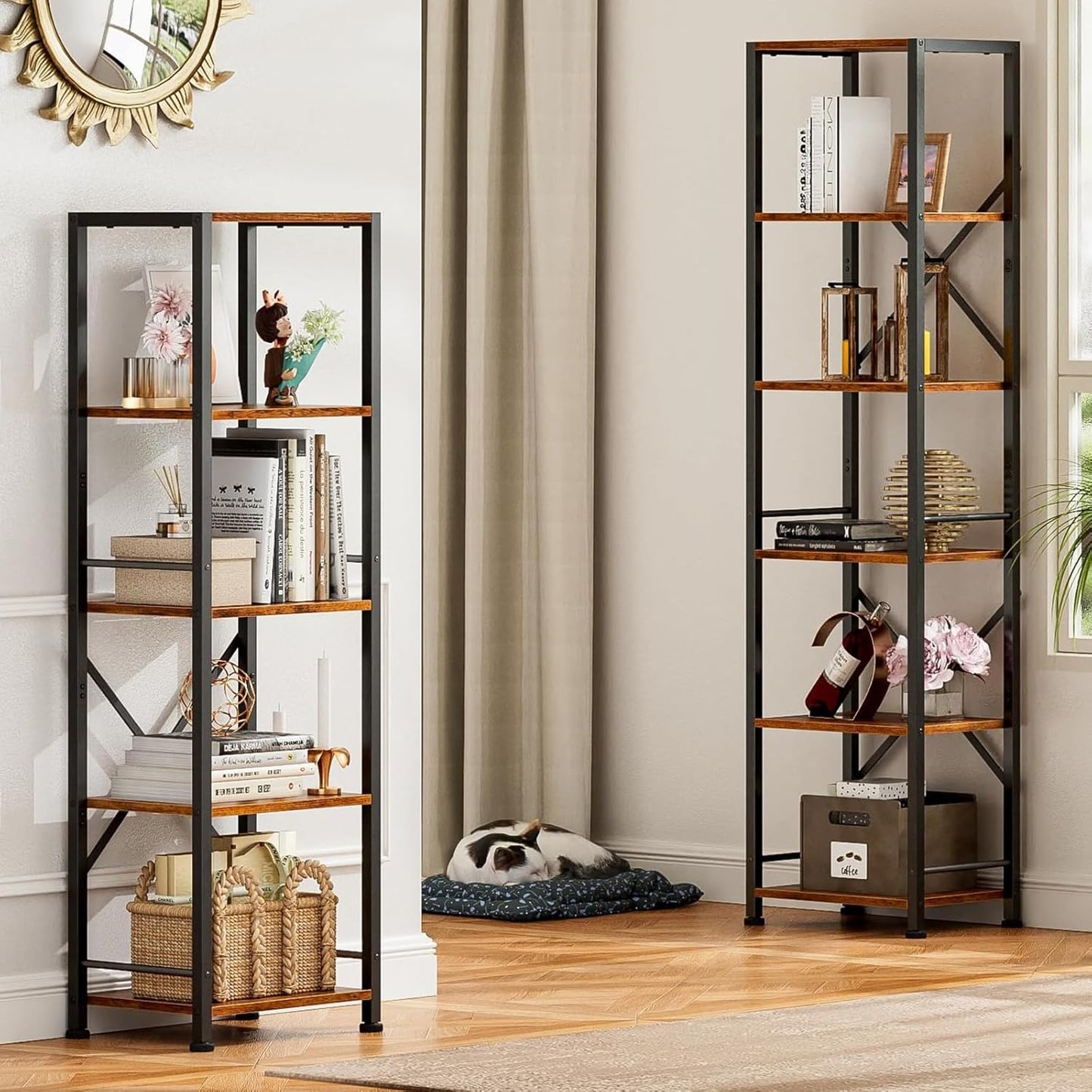 Furologee 5 Tier Tall Bookshelf, Rustic Narrow Bookcase, Display Standing Shelf Units, Metal and Wood Storage Shelves Organizer for Bedroom, Living Room, Home Office, Entryway, Kitchen, Rustic Brown