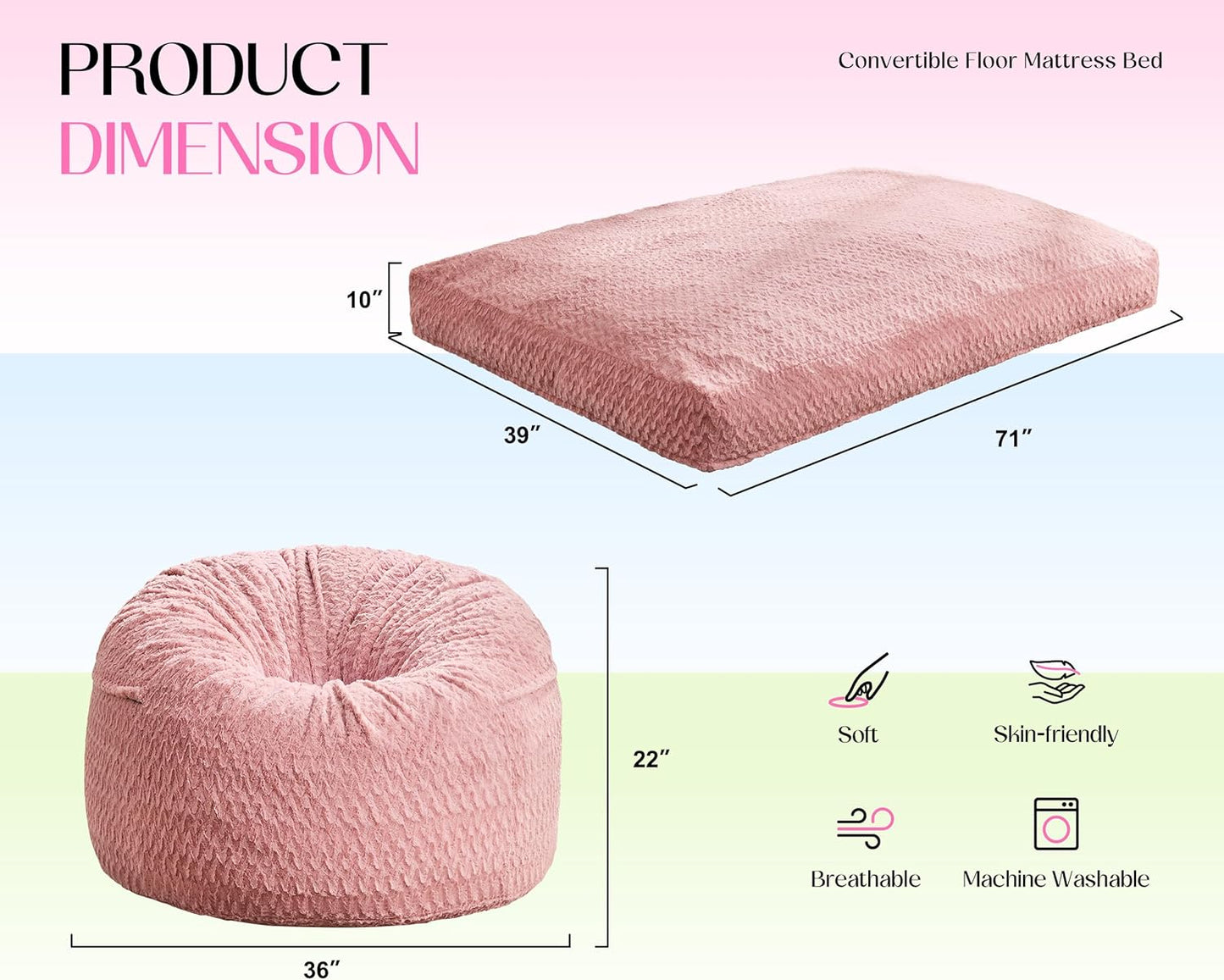 Hobestluk Bean Bag Chair Convertible Beanbag Chairs for Adults, 3 in 1 Bean Bags with Plush Chevron Cover, Adult Bean Bag Chair for Living Room, Bedroom (Pink, Twin)