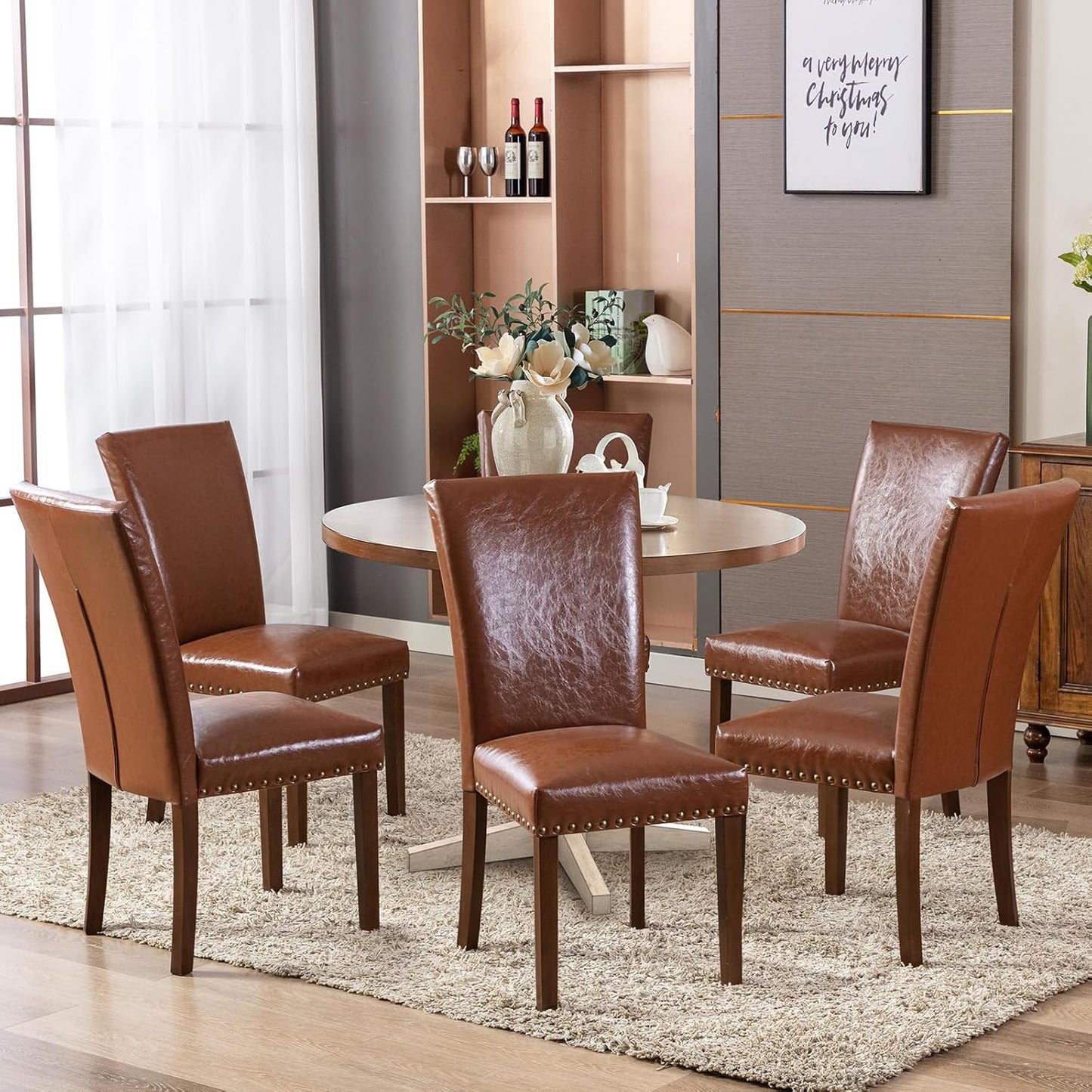 COLAMY Upholstered Parsons Dining Chairs Set of 2, PU Leather Dining Room Kitchen Side Chair with Nailhead Trim and Wood Legs - Light Brown