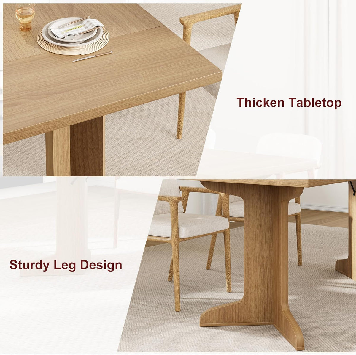 71" Large Dining Table for 6, Farmhouse Kitchen Table with Padded Top and Unique V-Shaped Feet, Rectangular Wooden Dining Table for 8 People for Home, Dining Room, Kitchen, Office,Natural