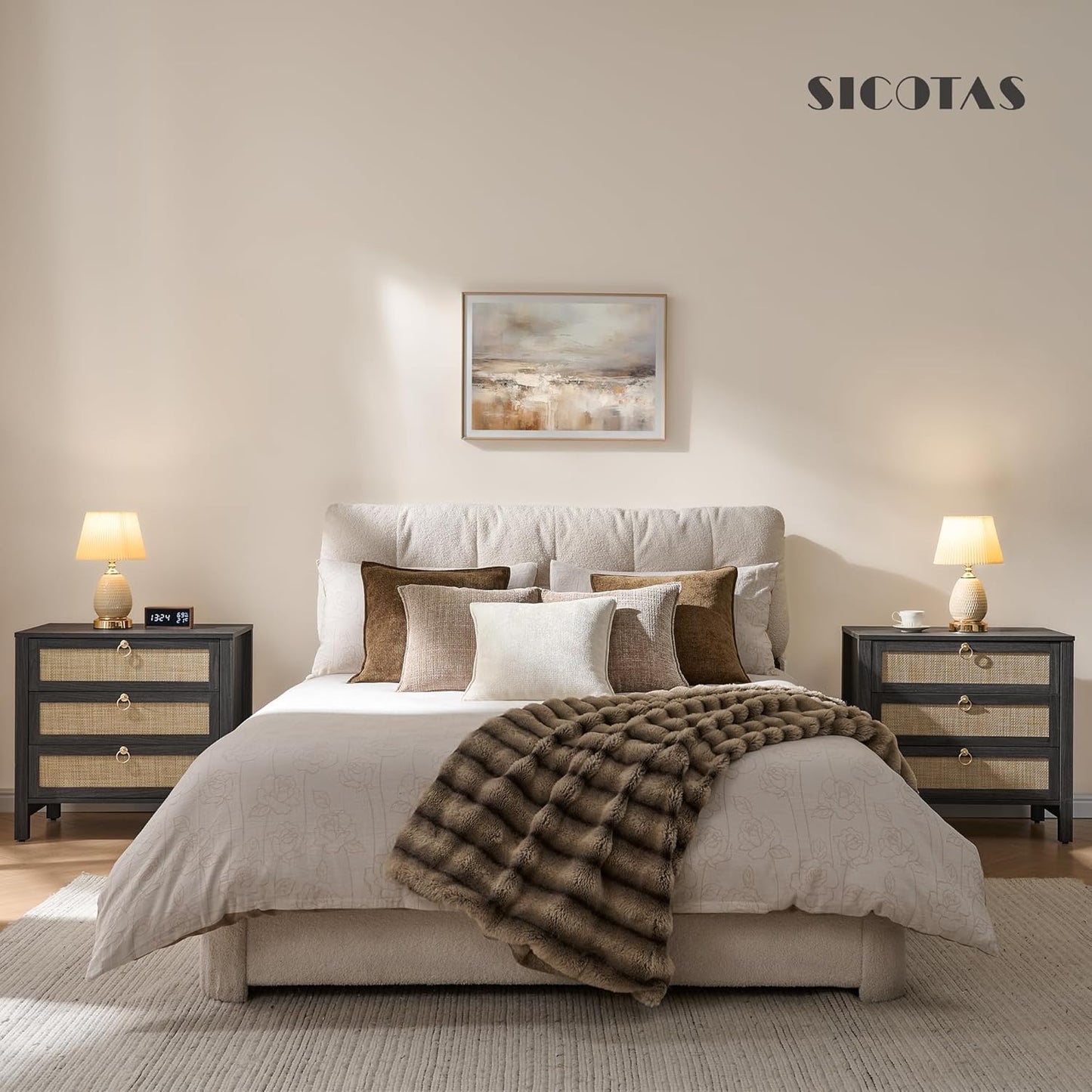 SICOTAS Nightstand Set 2 with Drawers - Large Rattan Bedside Table with Golden Handle, 3 Drawers Night Stand 26.78" Wide Side Table Boho Nightstand for Bedroom