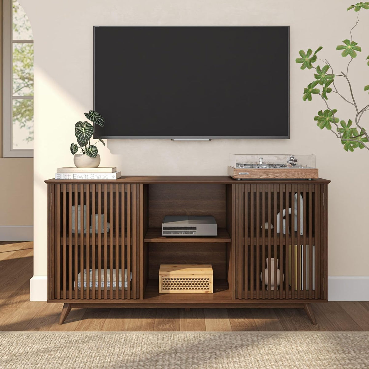 Plank+Beam Mid-Century Modern Wood TV Stand, Solid Wood Entertainment Console with Storage, 59" L x 16" W x 30" H, Walnut