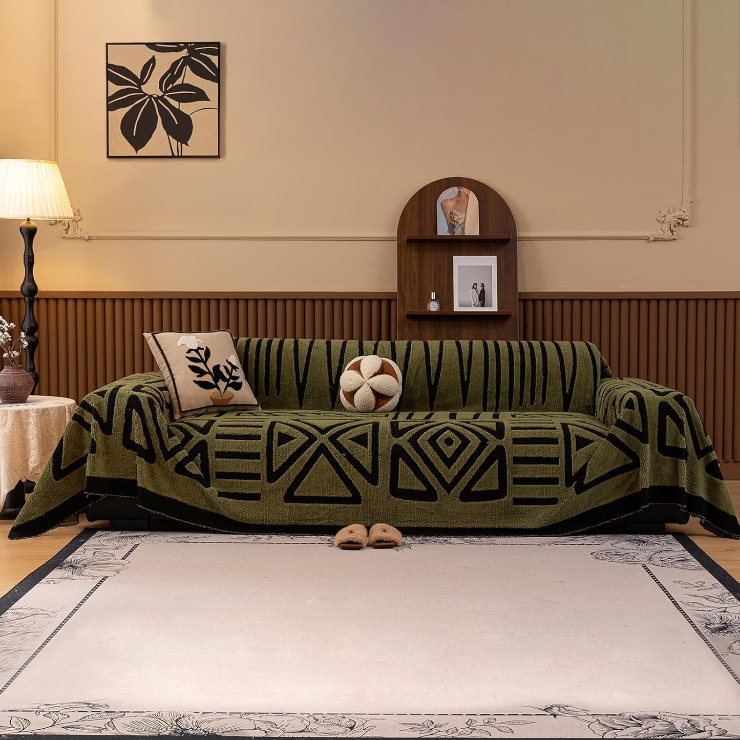 HANDONTIME Olive Green Sofa Covers for Sectional Sofa Boho Couch Cover for Dogs Christmas Green Throw Couch Cover Shu Velveteen Black Loveseat Covers Short Plush L Shaped Cover Washable, 71" X150"
