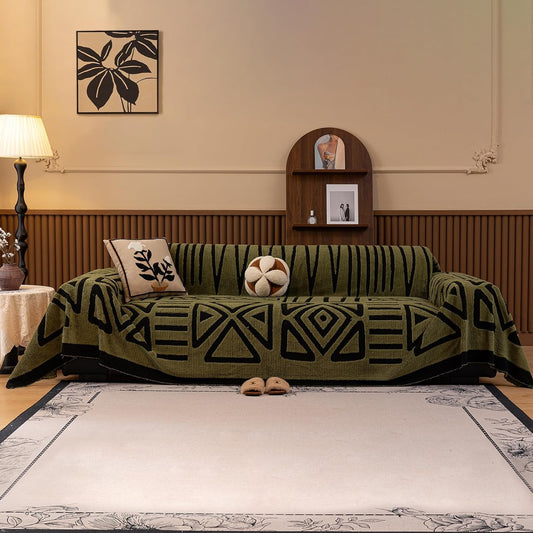 HANDONTIME Olive Green Sofa Covers for Sectional Sofa Boho Couch Cover for Dogs Christmas Green Throw Couch Cover Shu Velveteen Black Loveseat Covers Short Plush L Shaped Cover Washable, 71" X150"