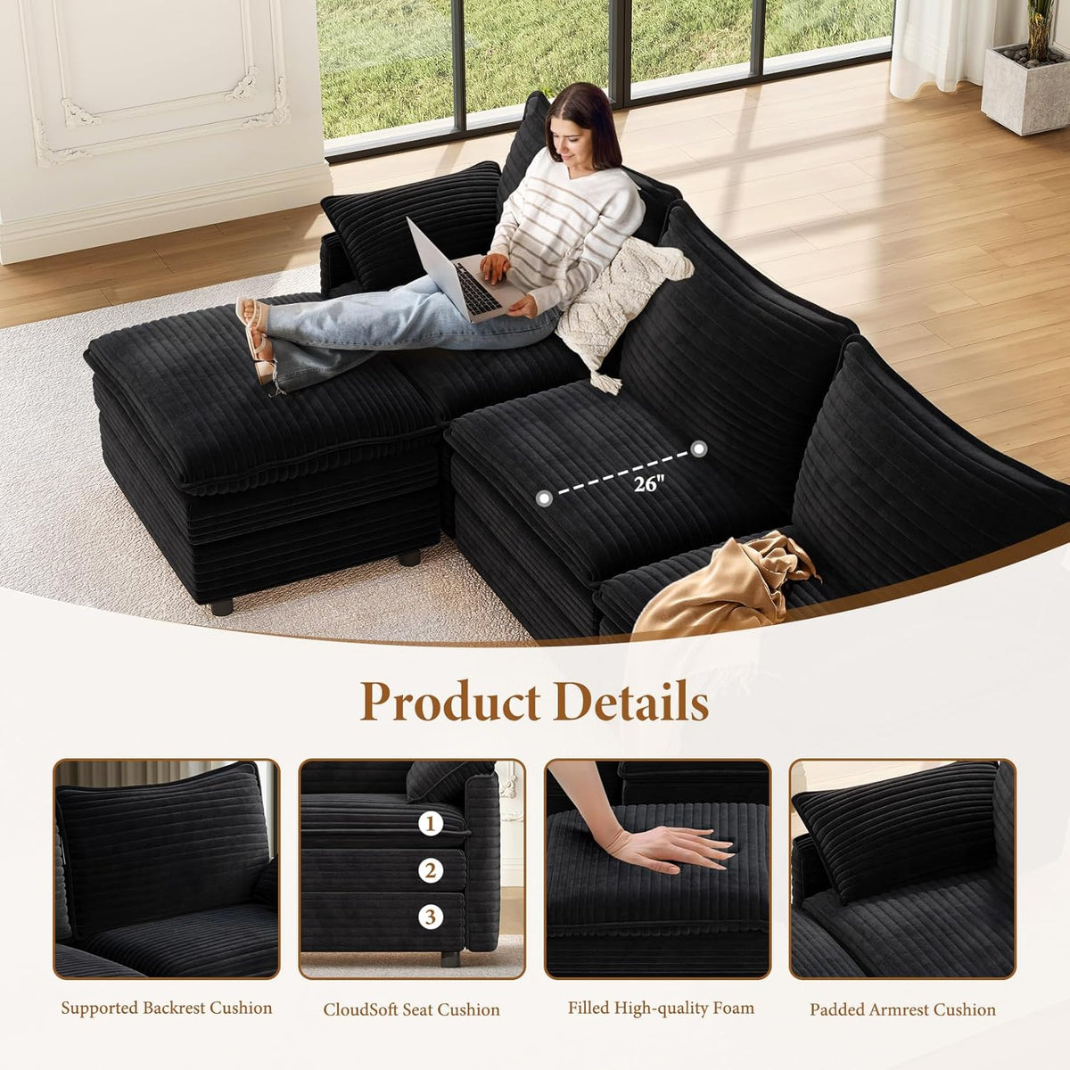 Vesgantti 108" Modular Sectional Sofa, Comfy Cloud Couch with Movable Ottoman Deep Seat Corduroy L Shaped Modular Sofa, Sectional Couches for Living Room, Bedroom and Apartment, Black