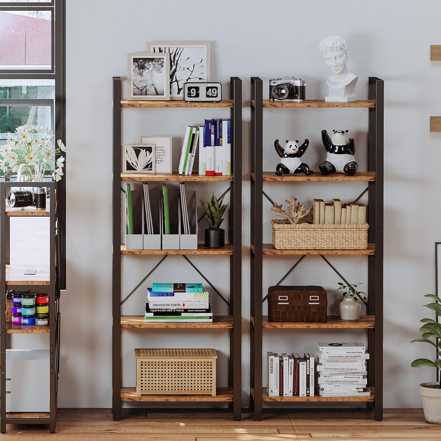 IRONCK Bookshelf 5-Tier Ladder Shelf 110 lbs or Shelf Vintage Industrial Style Bookcase for Home Decor, Office Decor