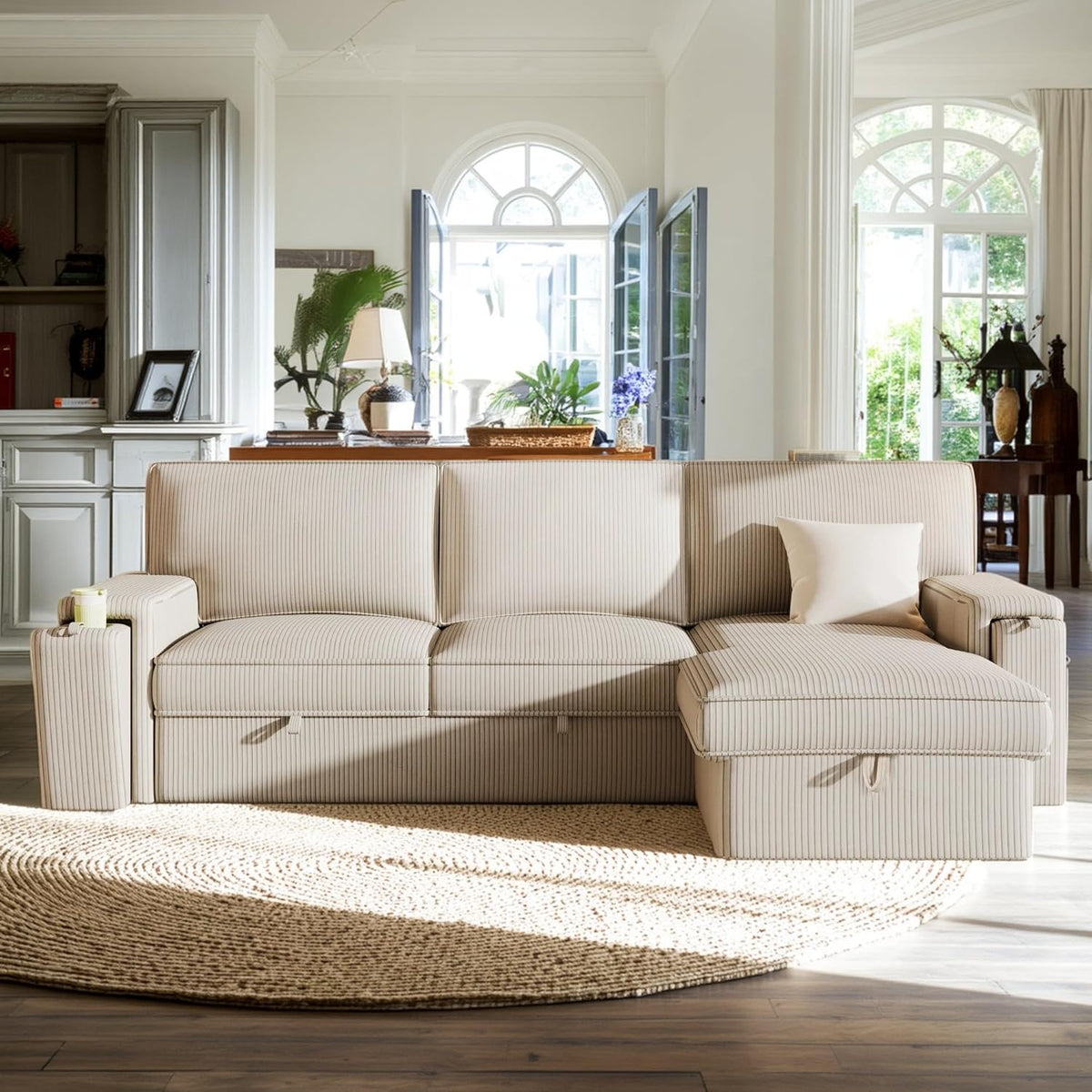 96.1 Inch L-Shaped Convertible Sectional Sleeper Sofa with Pull Out Bed, Storage Bags and 2 Hidden Cup Holders on Arms, Upholstered Corner Couch for Living Room Office Apartment, Beige