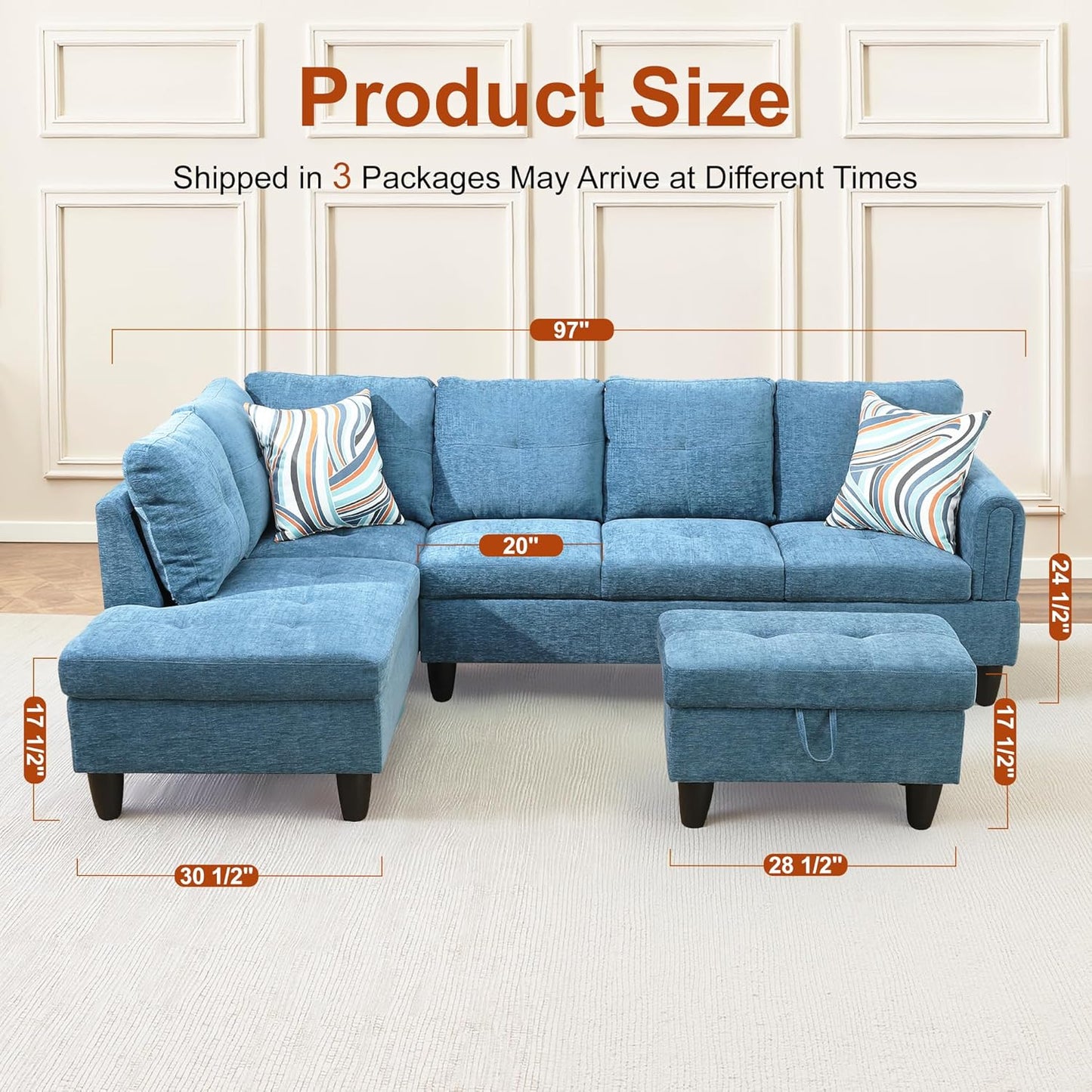 Osparple L Shaped Couch Sectional Couches for Living Room Upholstered Flannel 3 Pieces Modular Sectional Sofa with Chaise, Ottoman with Storage for Living Room and Small Apartment, Blue