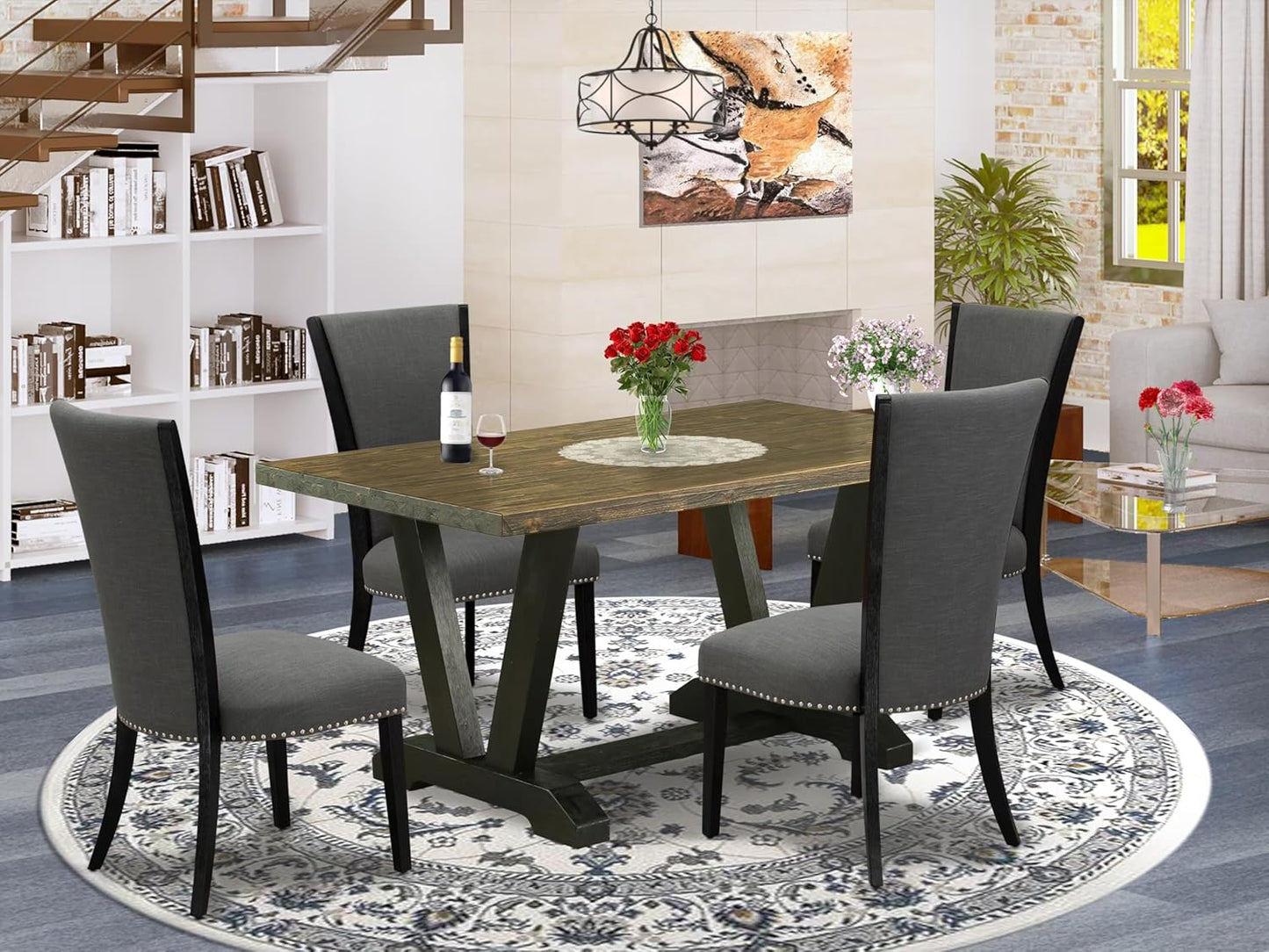 East West Furniture V676VE650-5 5 Piece Dining Set Includes a Rectangle Dining Room Table with V-Legs and 4 Dark Gotham Linen Fabric Parson Chairs, 36x60 Inch, Multi-Color