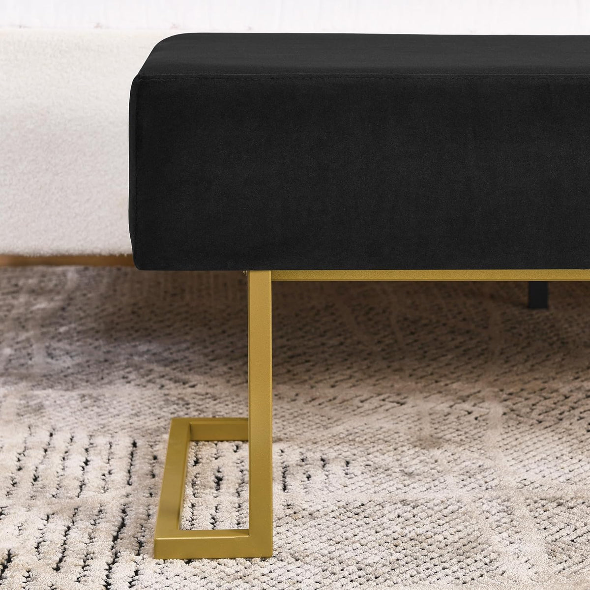 Modern Style Bedroom Double Seat Bench, Cushioned Bed end Stool, Living Room Sofa Stool, Footstool with Golden Iron Legs, Suitable for Bedroom and Living Room (Black, 39.37"x15.74"X16.53")
