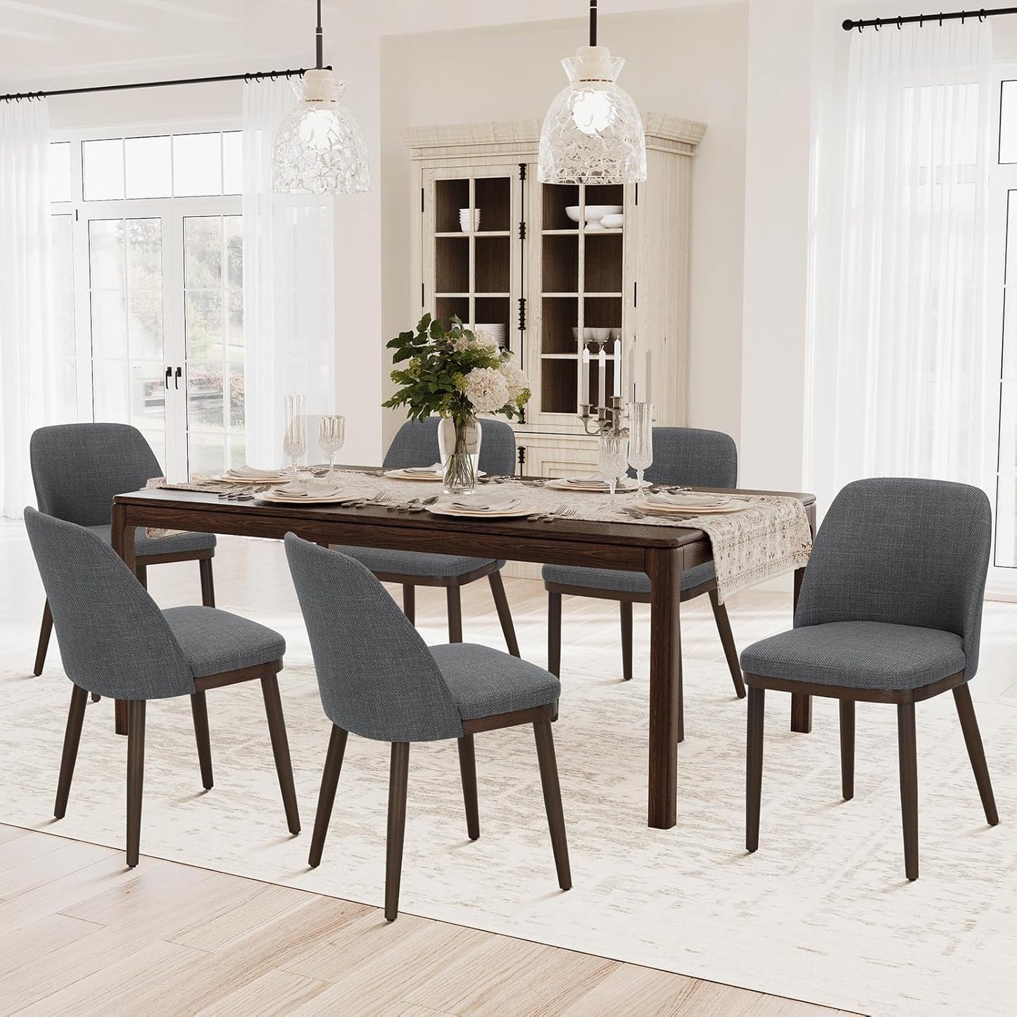 COLAMY Upholstered Dining Chairs Set of 6, Modern Kitchen Chairs with Back, Wood Side Dining Room Chairs for Kitchen, Dining Room, Restaurant, Light Grey