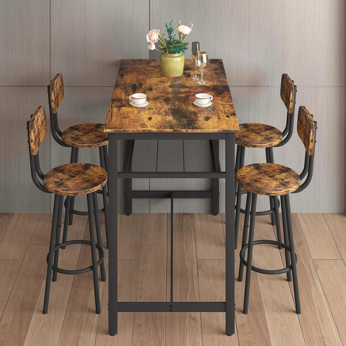 5-Piece Bar Table and Chairs Set, 43.3'' Pub Table Set Modern Small Table and Chairs Set of 4 for Breakfast Nook Living Room Small Space Restaurant, Brown
