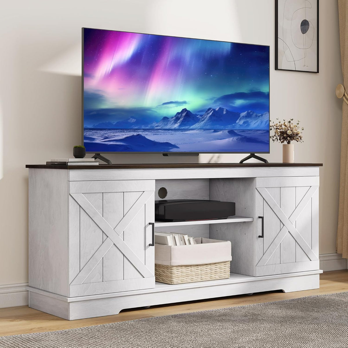 DWVO Farmhouse TV Stands for Living Room, Entertainment Center with Storage, TV Stand for 65 Inch TV with Double Barn Doors & Storage Cabinets, Rustic TV Cabinet Media Console, Espresso & Grey White