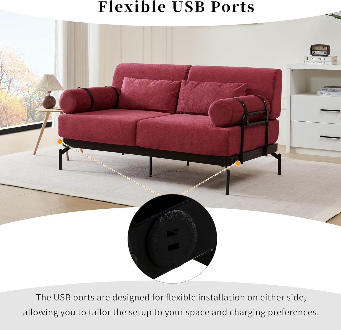 Modern Loveseat Sofa 59" Sofa Couch 2-Seater Sofa with Flexible USB Ports, Unique Cylindrical Armrests for Living Room, Red