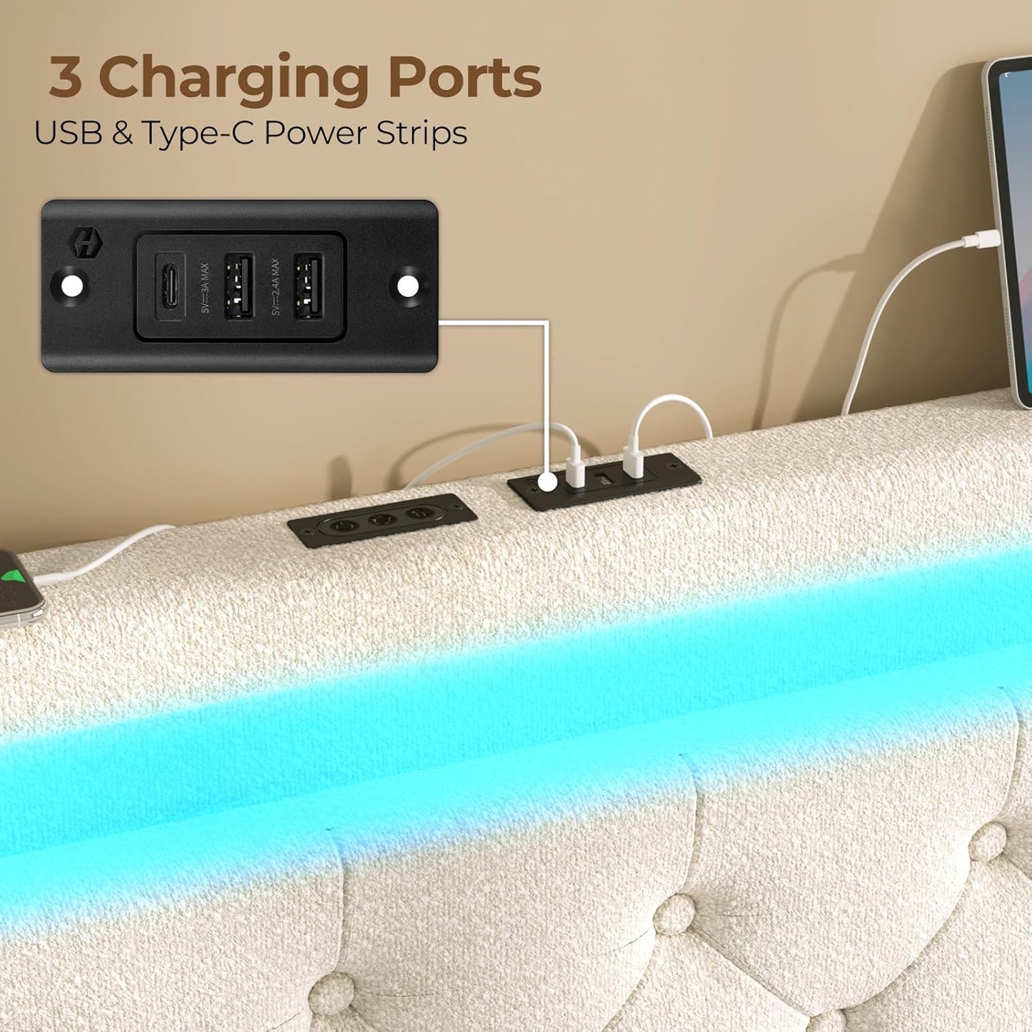 Rolanstar Queen Bed Frame with 4 Storage Drawers and Charging Station, Queen Bed with Led Lights, 2 USB & 1 Type C, Adjustable Headboard 38.9/40.10 Inches, No Box Spring Needed, White