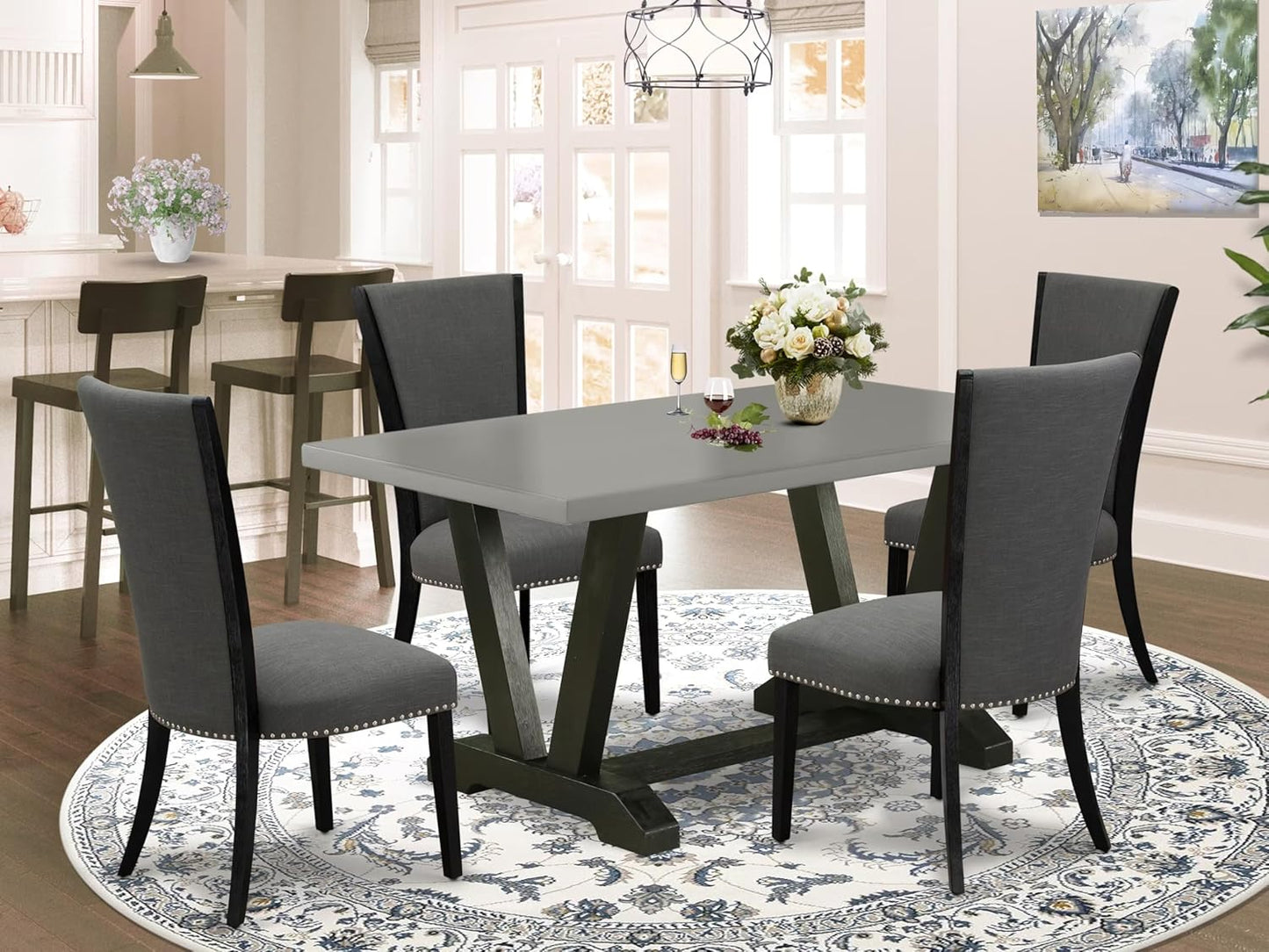 East West Furniture V696VE650-5 5 Piece Dining Set Includes a Rectangle Dining Room Table with V-Legs and 4 Dark Gotham Linen Fabric Parsons Chairs, 36x60 Inch, Multi-Color