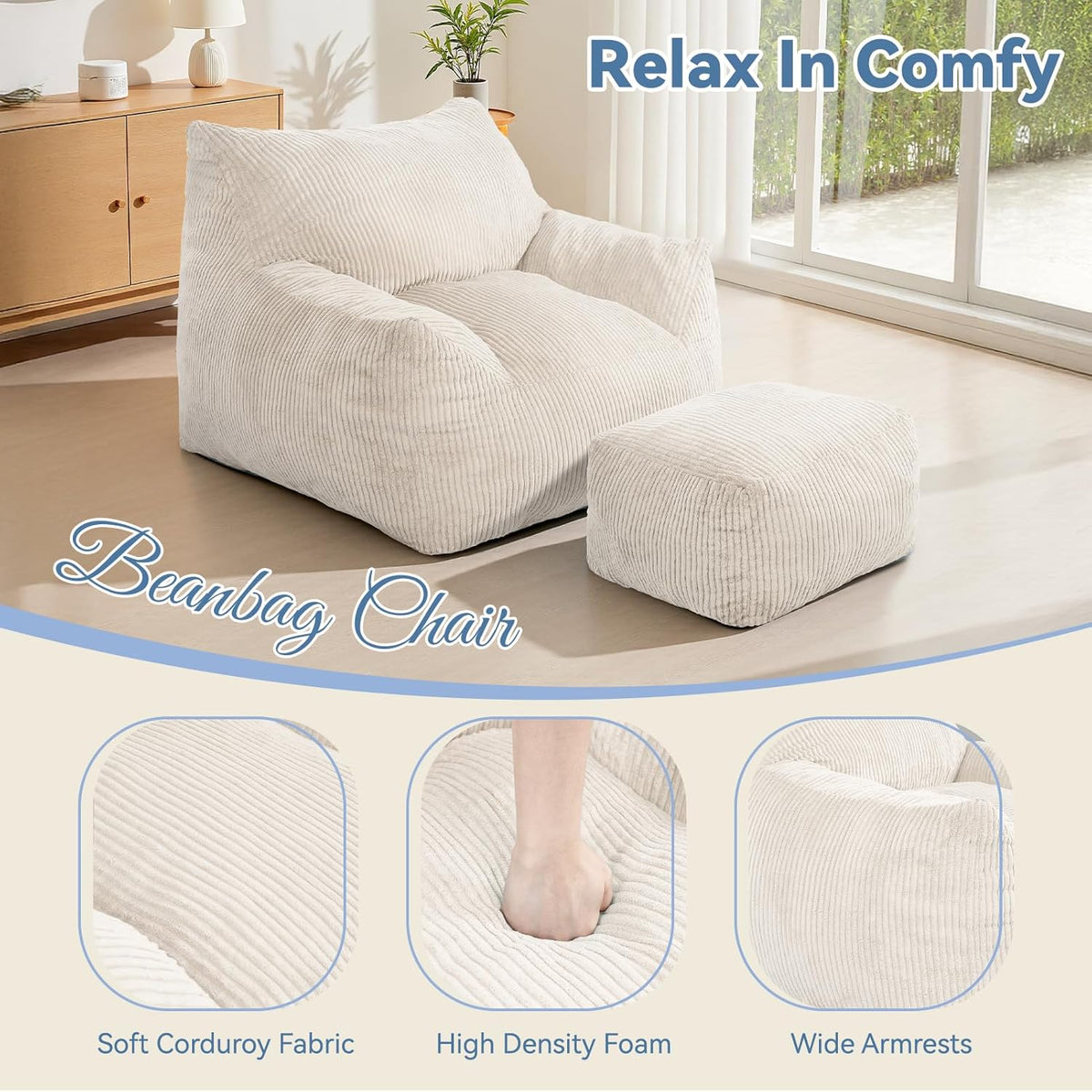 INMOZATA Bean Bag Chair for Adults, 3FT Beanbag Chair with Ottoman Pre-Filled Fluffy Lazy Chair Corded Fabric Accent Chair for Bedroom Living Room Dorm (Ivory)