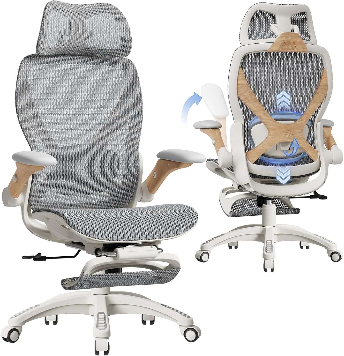 ELABEST X100 Ergonomic Office Chair with Footrest, Big and Tall Home Desk Chair with 5D Flip-Up Arms, Adjustable 3D Lumbar Support,High Back Rolling Computer Chair, Swivel Mesh Chairs (Foggy Morning)