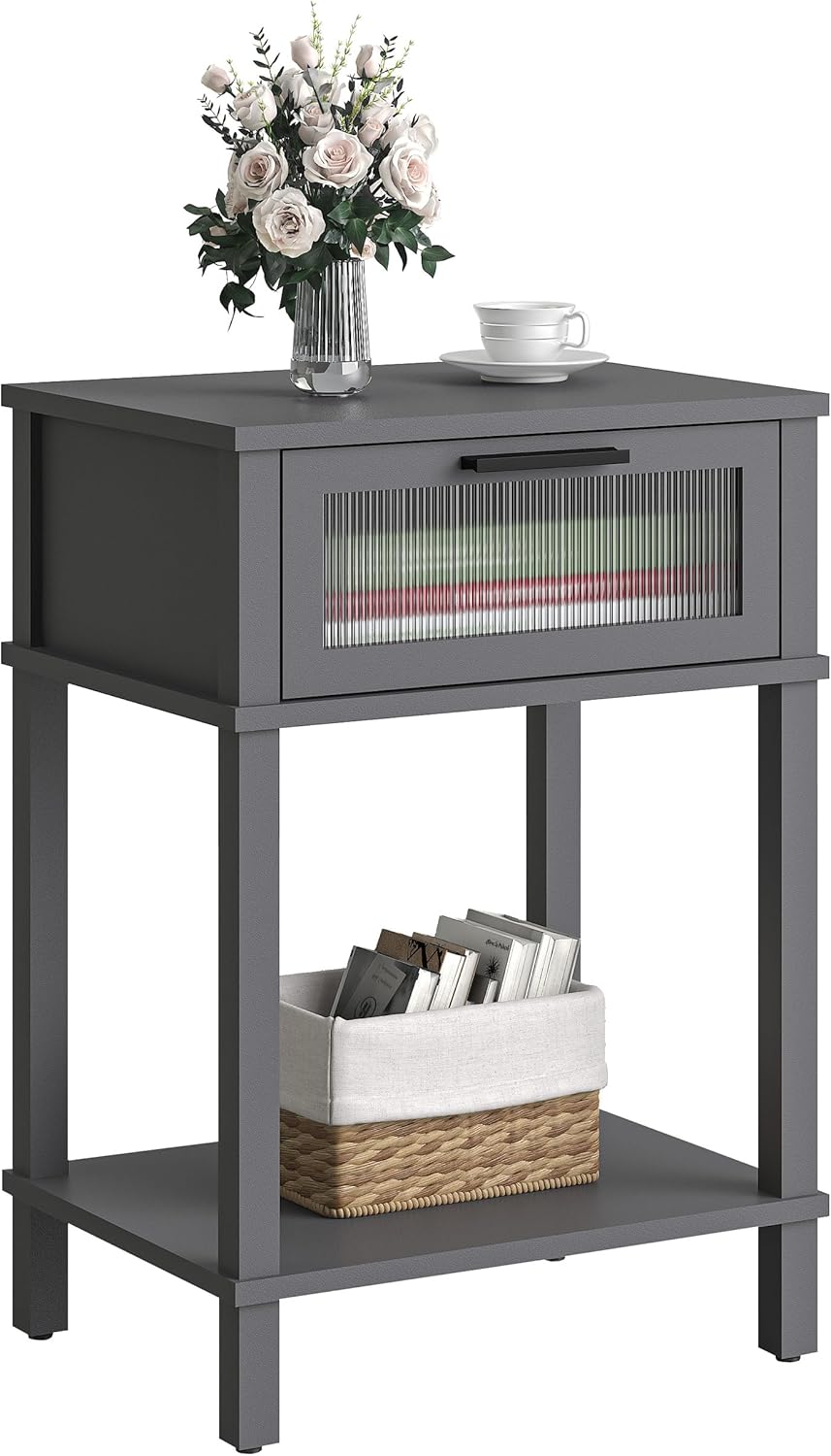 Nightstand Wooden Bedside Table with Drawer Grey Night Stands Modern Style Small End Table Side Table with Storage Shelf for Bedroom Living Room MLBZ10G