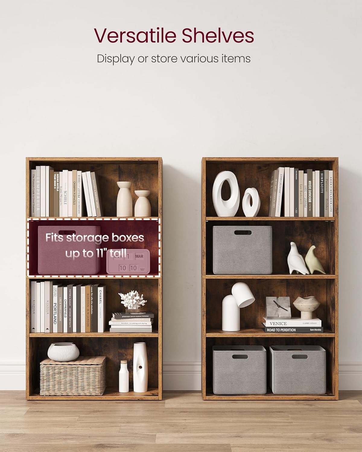 VASAGLE Set of 2 Bookshelves, 23.6 Inches Wide, 4-Tier Open Bookcases with Adjustable Storage Shelves, Floor Standing Units, Rustic Brown ULBC164X01-2